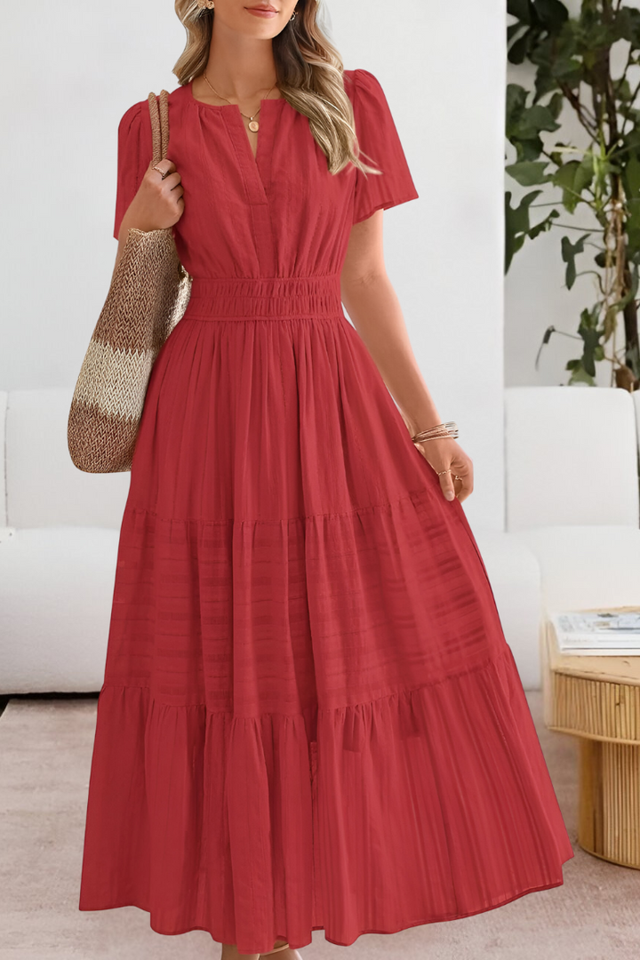Red tiered maxi dress with split neckline and elasticated waist