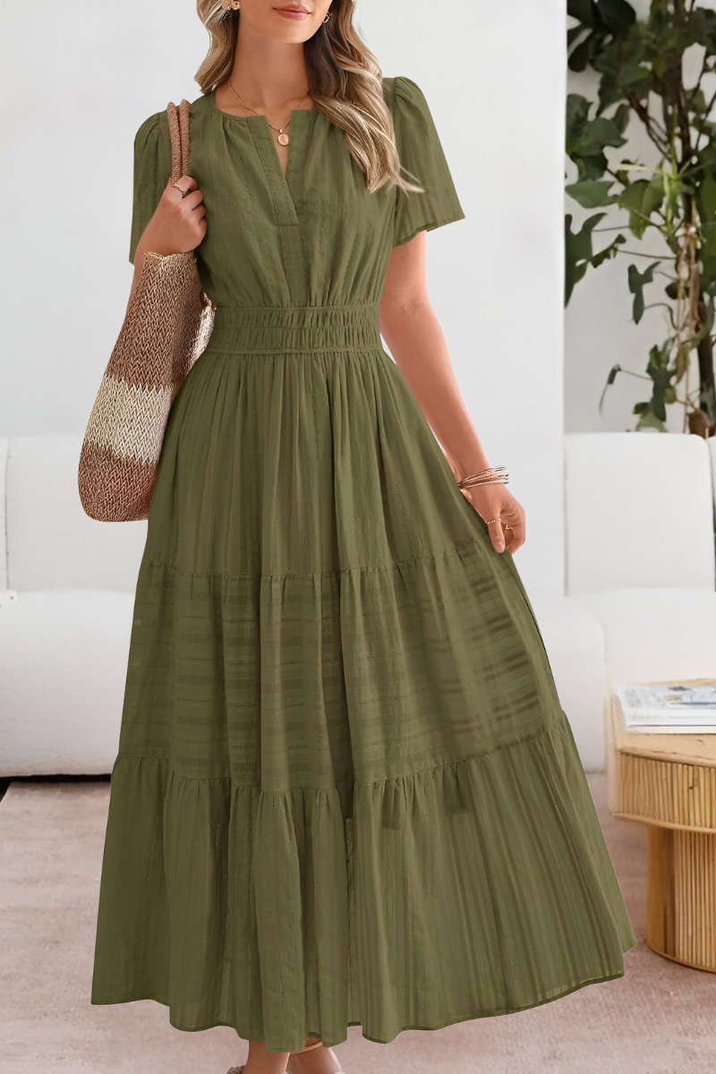 Olive green tiered maxi dress featuring split neckline and puff sleeves