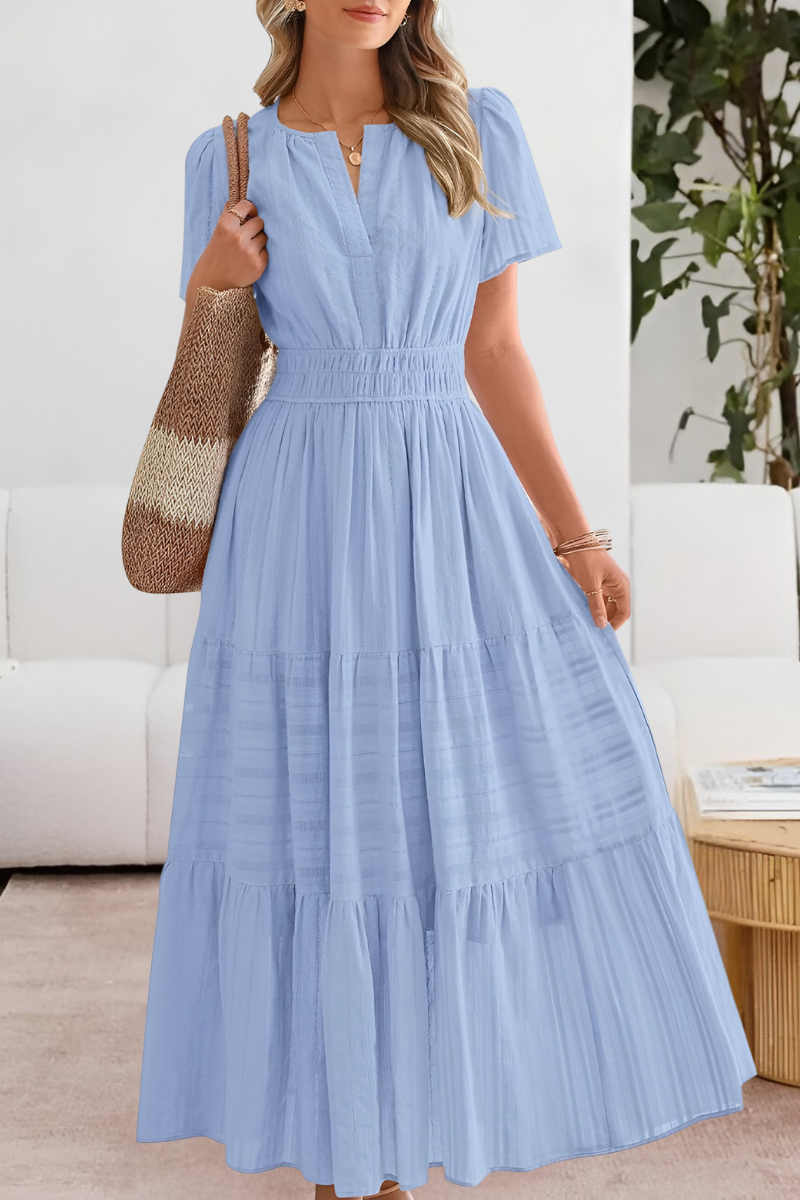 Pale blue tiered maxi dress with split neckline and elasticated waist