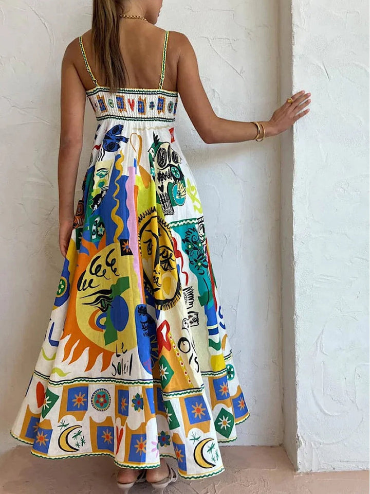 Rear view of colourful abstract print maxi dress with smocked bodice
