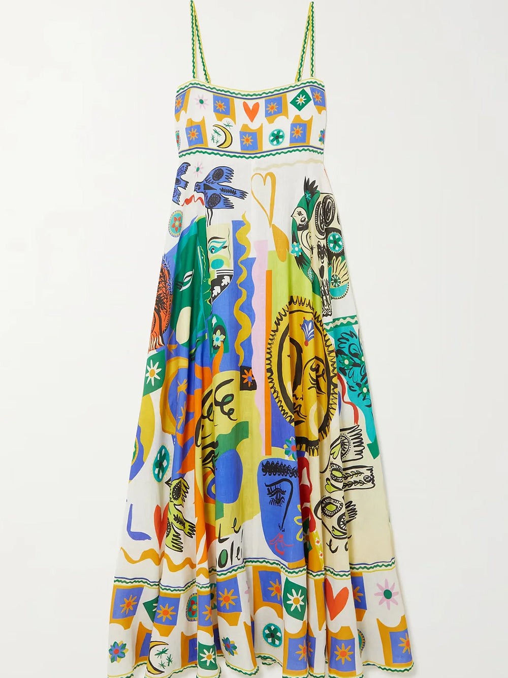 Flat lay of sleeveless maxi dress in bold artistic print