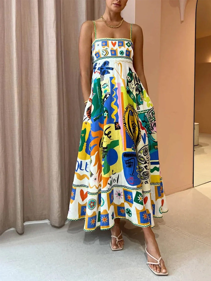 Model wearing colourful printed sleeveless maxi dress with thong sandals
