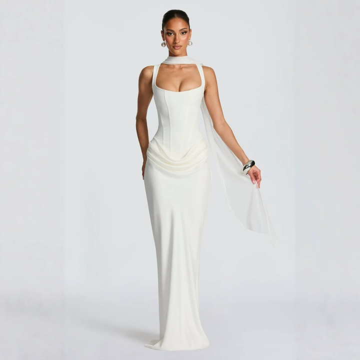 Ivory draped maxi dress with square neckline and flowing chiffon scarf strap