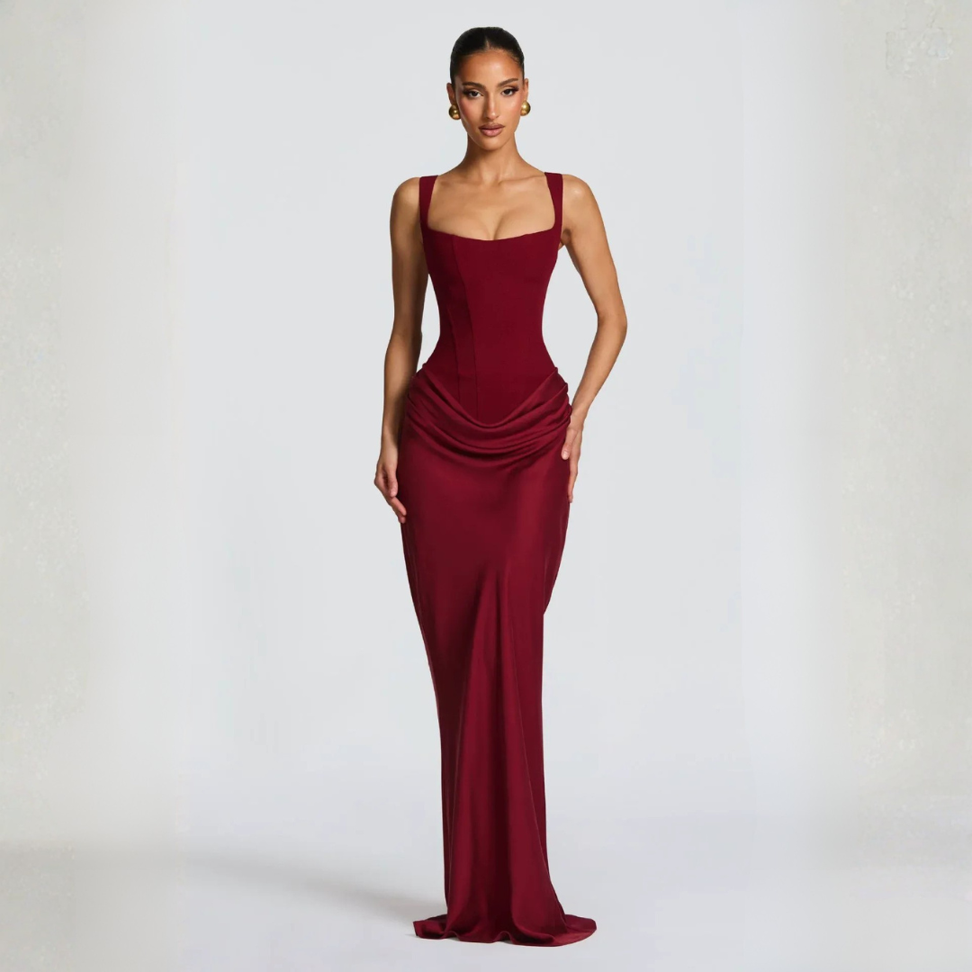 Burgundy corset maxi dress with draped skirt and squared sweetheart neckline