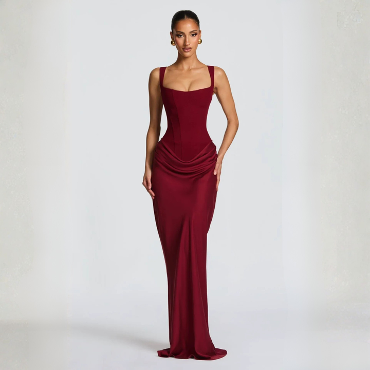 Burgundy corset maxi dress with draped skirt and squared sweetheart neckline