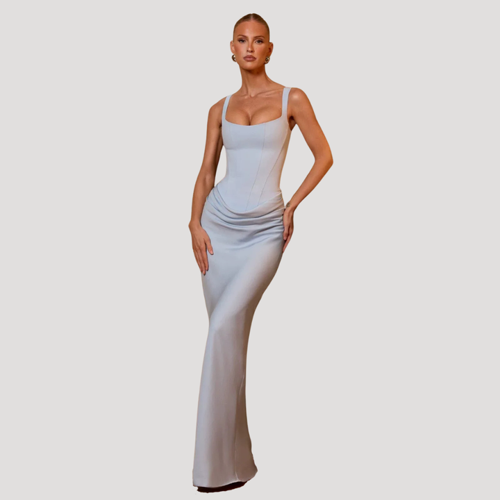 Ice blue satin corset maxi dress with draped waist and square neckline