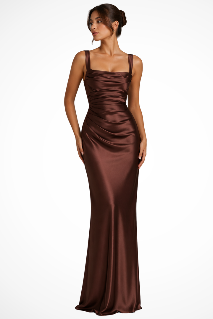 Chocolate brown satin square-neck maxi dress with ruched bodice detailing