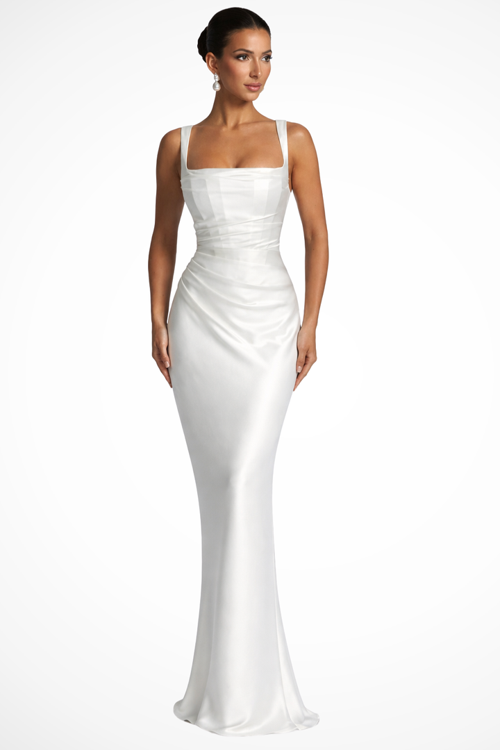 Ivory satin square-neck maxi dress with ruched waist and sleek silhouette