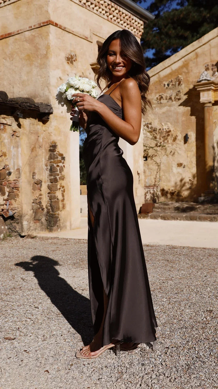 Chocolate brown satin slip dress with cowl neckline and sheer side panel