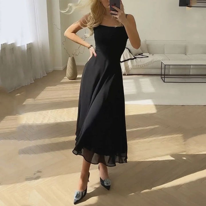Black square-neck sleeveless midi dress with flared chiffon hemline