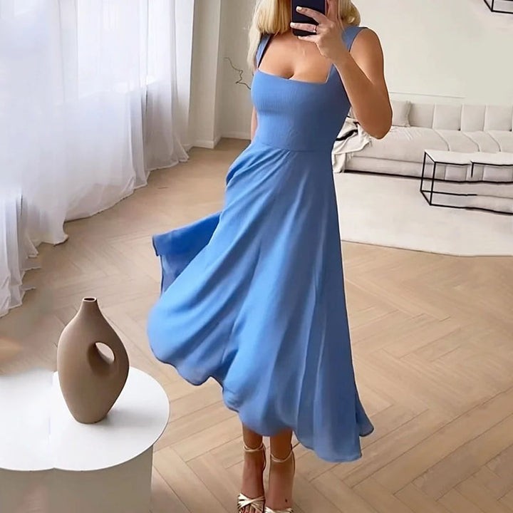 Cornflower blue square-neck sleeveless midi dress with fitted bodice