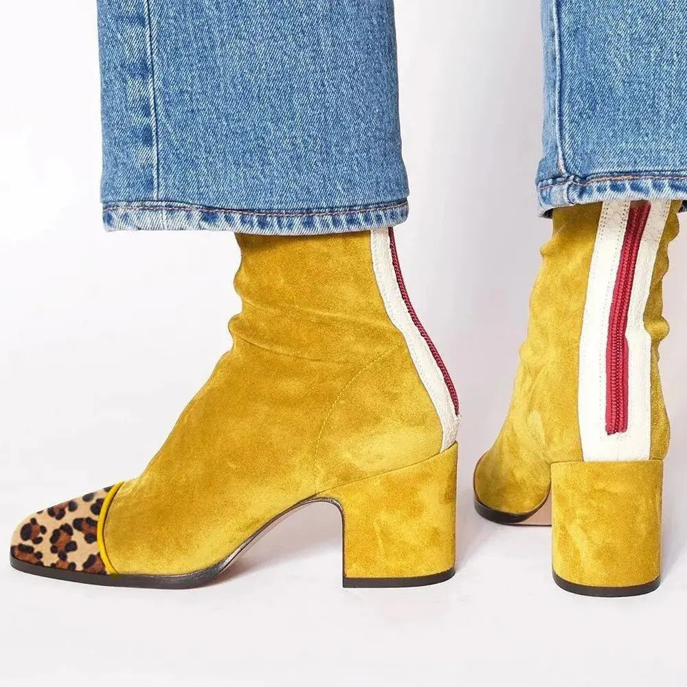 Mustard suede ankle boots with leopard-print toe cap and block heel