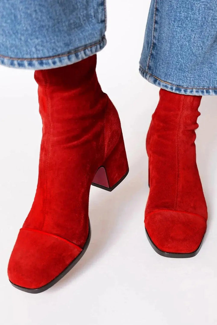 Red suede square-toe ankle boots with contrasting block heel