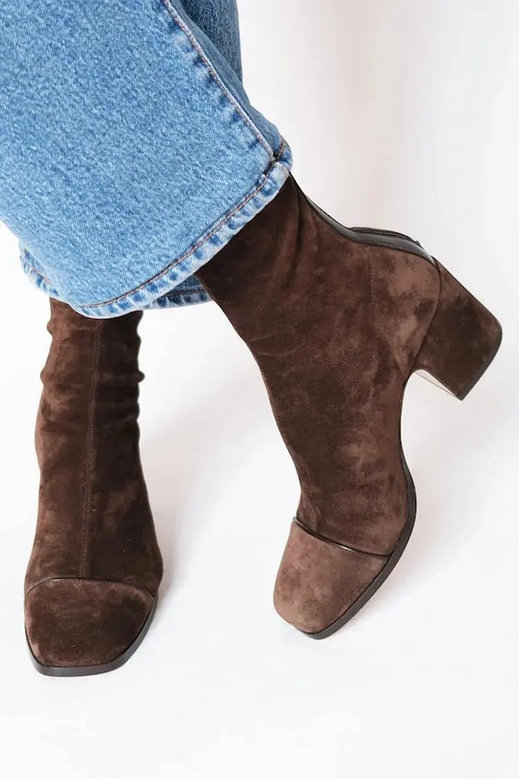 Dark brown suede ankle boots with square toe and block heel