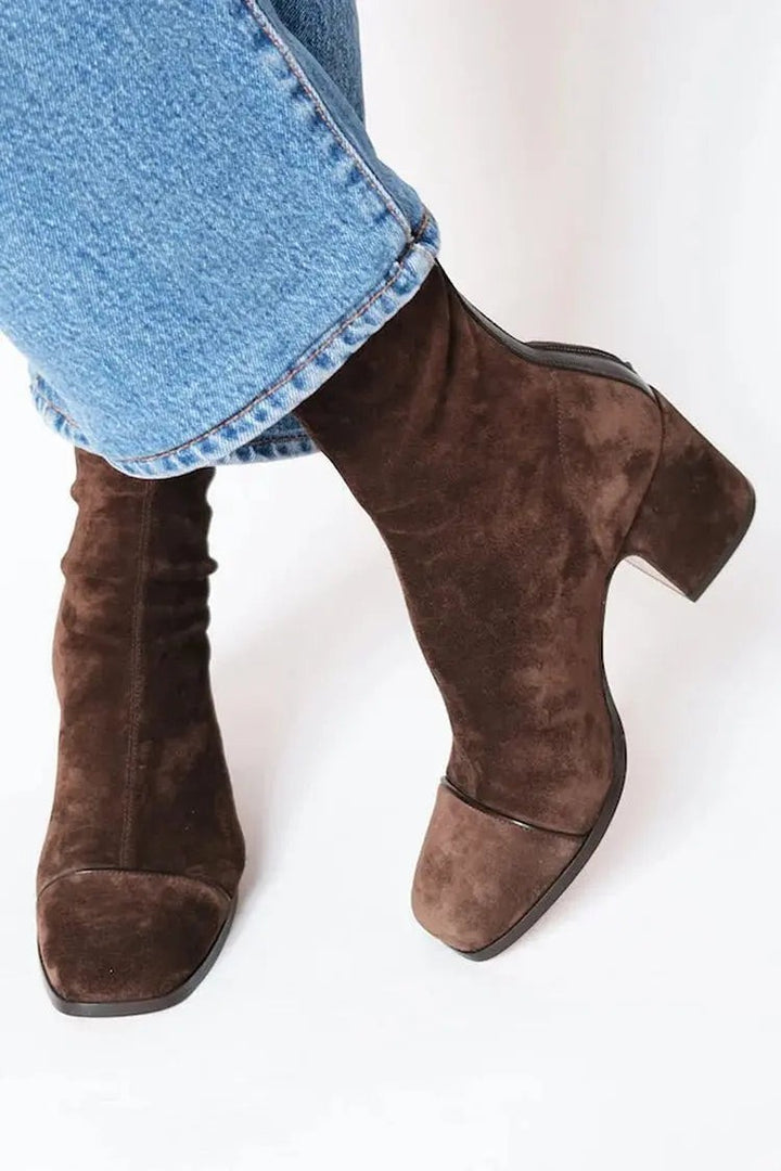Dark brown suede ankle boots with square toe and block heel