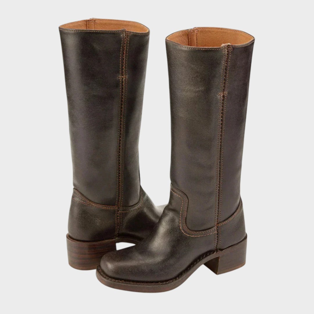 Dark brown leather tall boots with block heel and contrast stitching