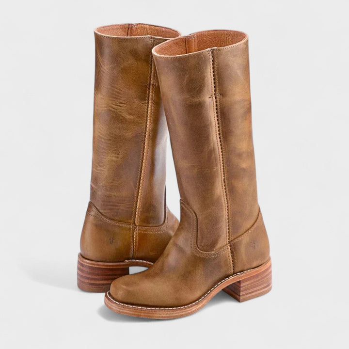 Tan leather campus boots with stacked wooden heel and pull tabs