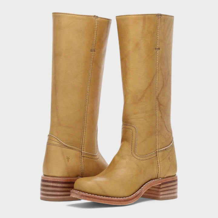 Mustard yellow leather tall boots with square toe and stitched detailing