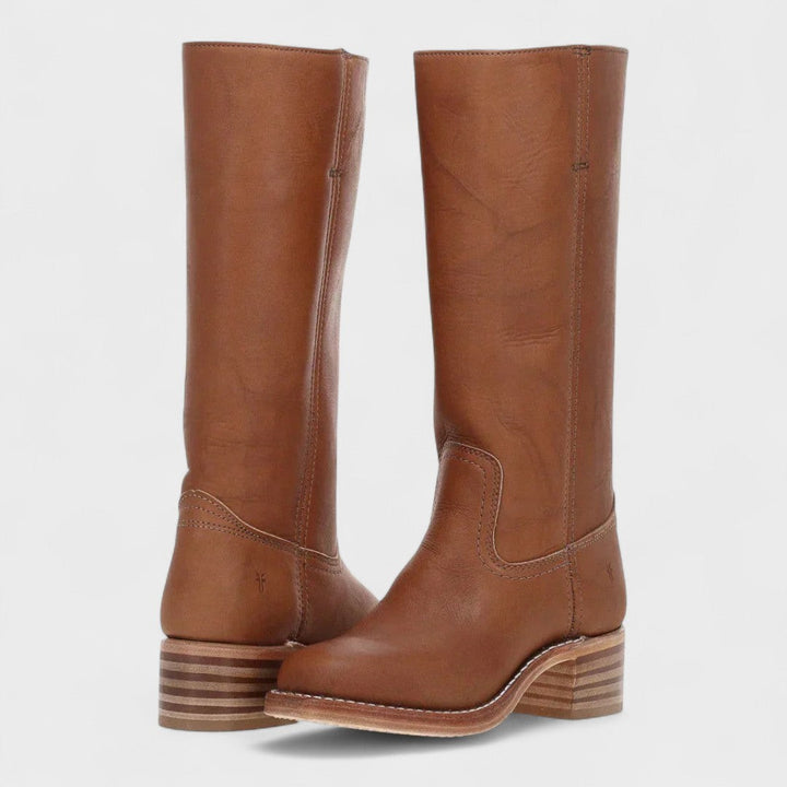 Chestnut brown leather tall boots with stacked heel and topstitching