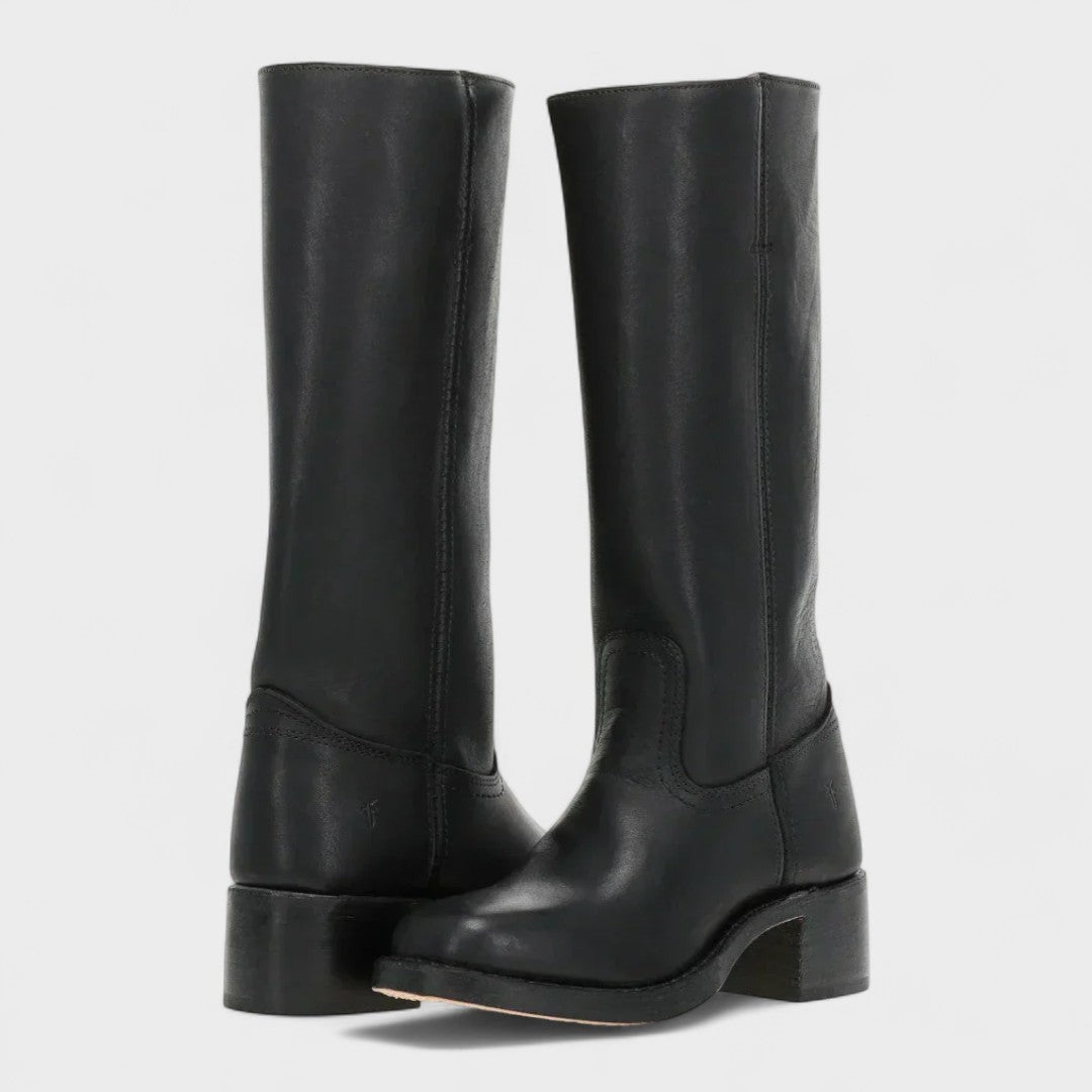 Black leather tall boots with block heel, shown from behind