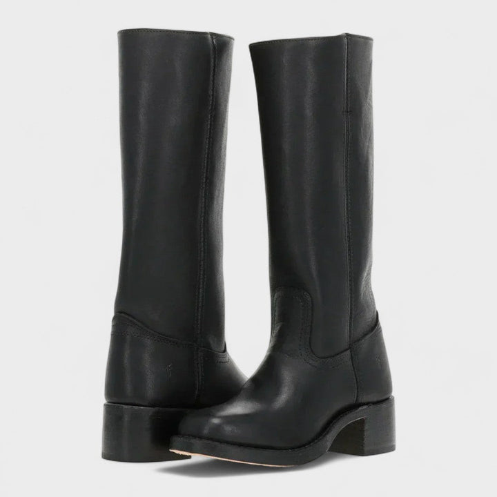 Black leather tall boots with block heel, shown from behind