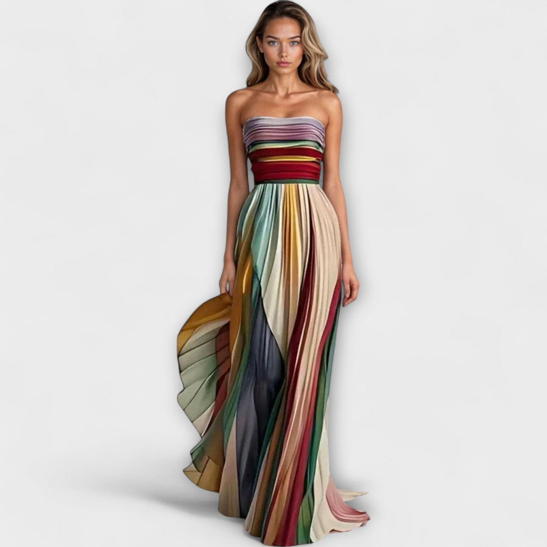 Striped Strapless Pleated Maxi Party Dress for Women