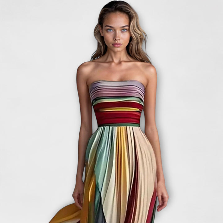 Striped Strapless Pleated Maxi Party Dress for Women