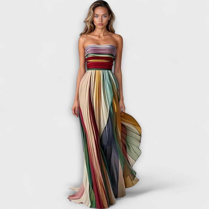 Striped Strapless Pleated Maxi Party Dress for Women