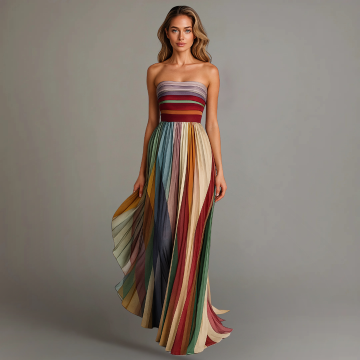 Strapless multicolour striped maxi dress with flowing pleated skirt, full-length front view
