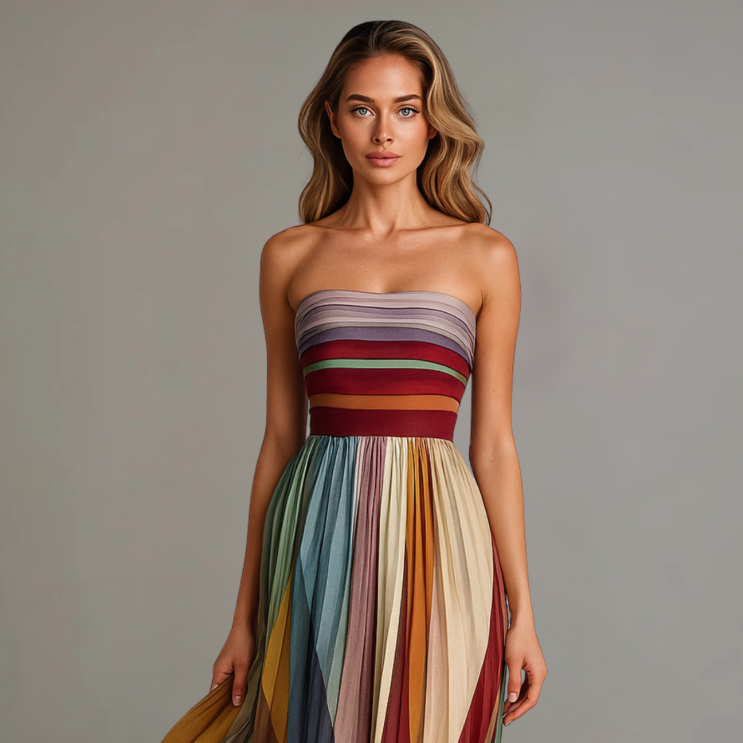 Close-up of strapless striped maxi dress showing fitted bodice and vibrant colour-block waistband