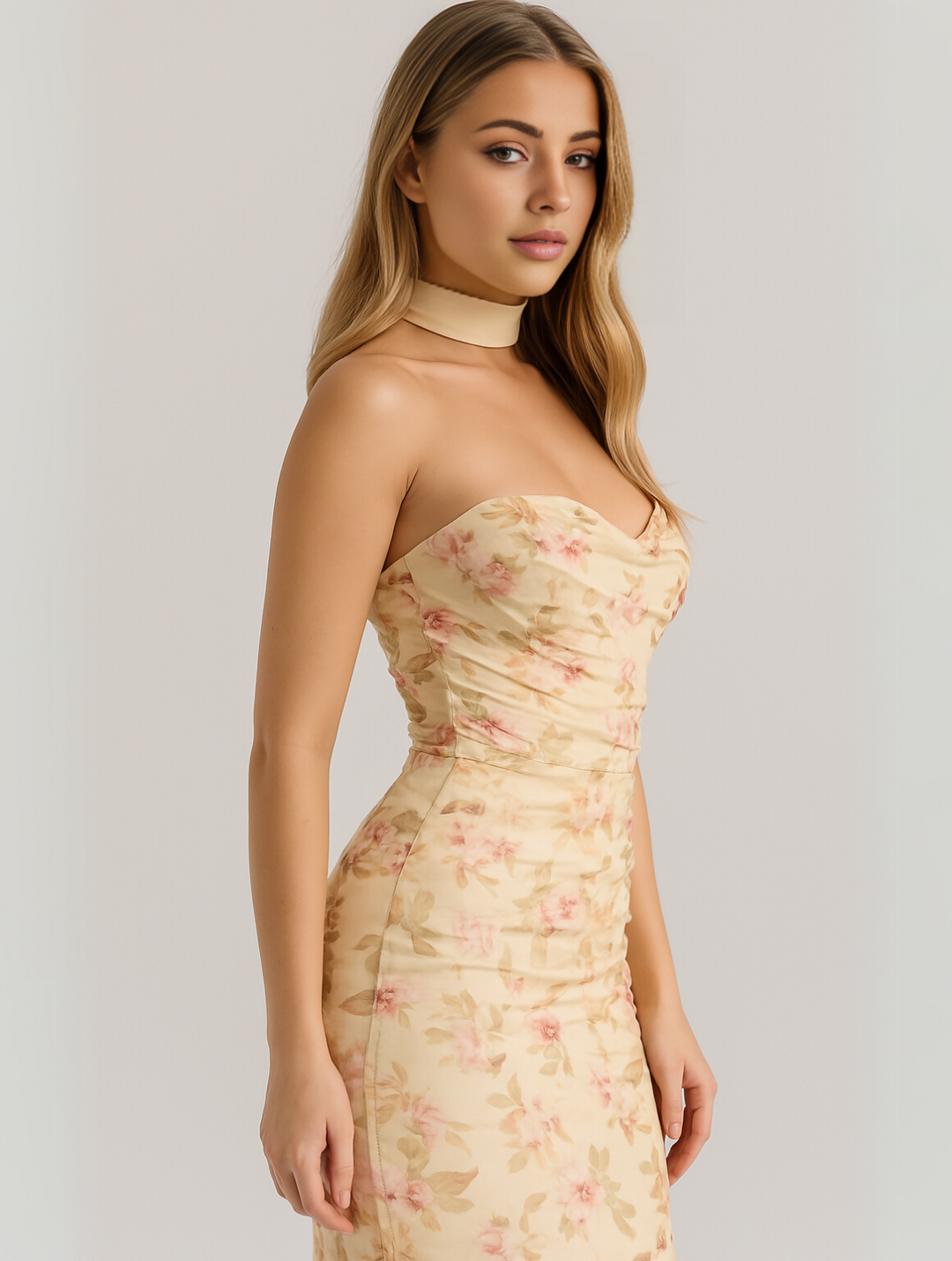 Side view of floral strapless maxi dress with matching fabric choker