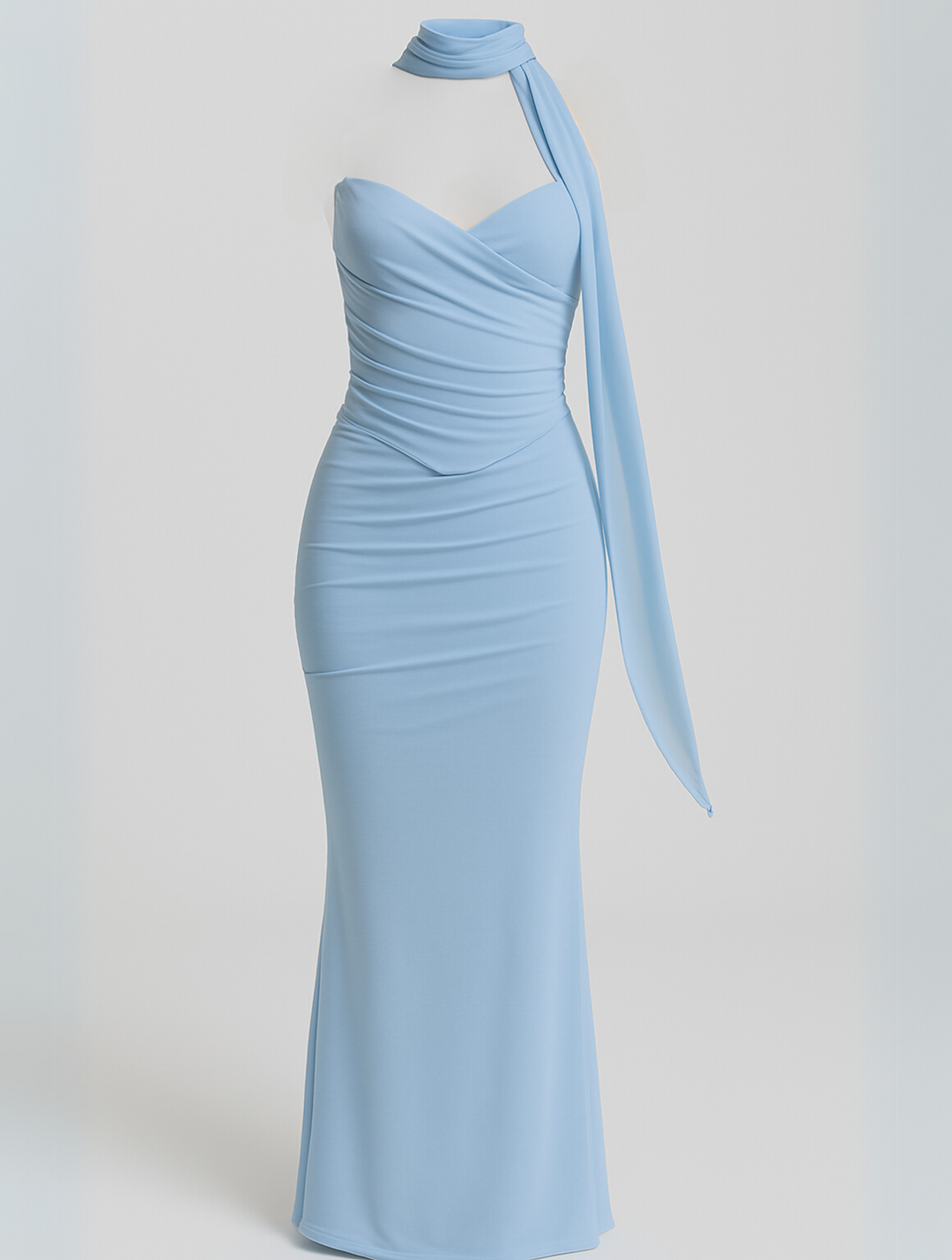 Side profile of pale blue ruched maxi dress with draped choker tie