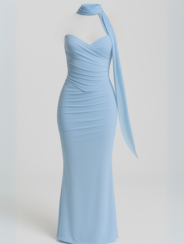 Side profile of pale blue ruched maxi dress with draped choker tie