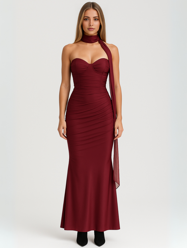 Burgundy strapless choker maxi dress with ruched bodice, front view