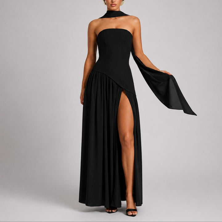 Black strapless maxi dress with halter scarf detail and high leg slit