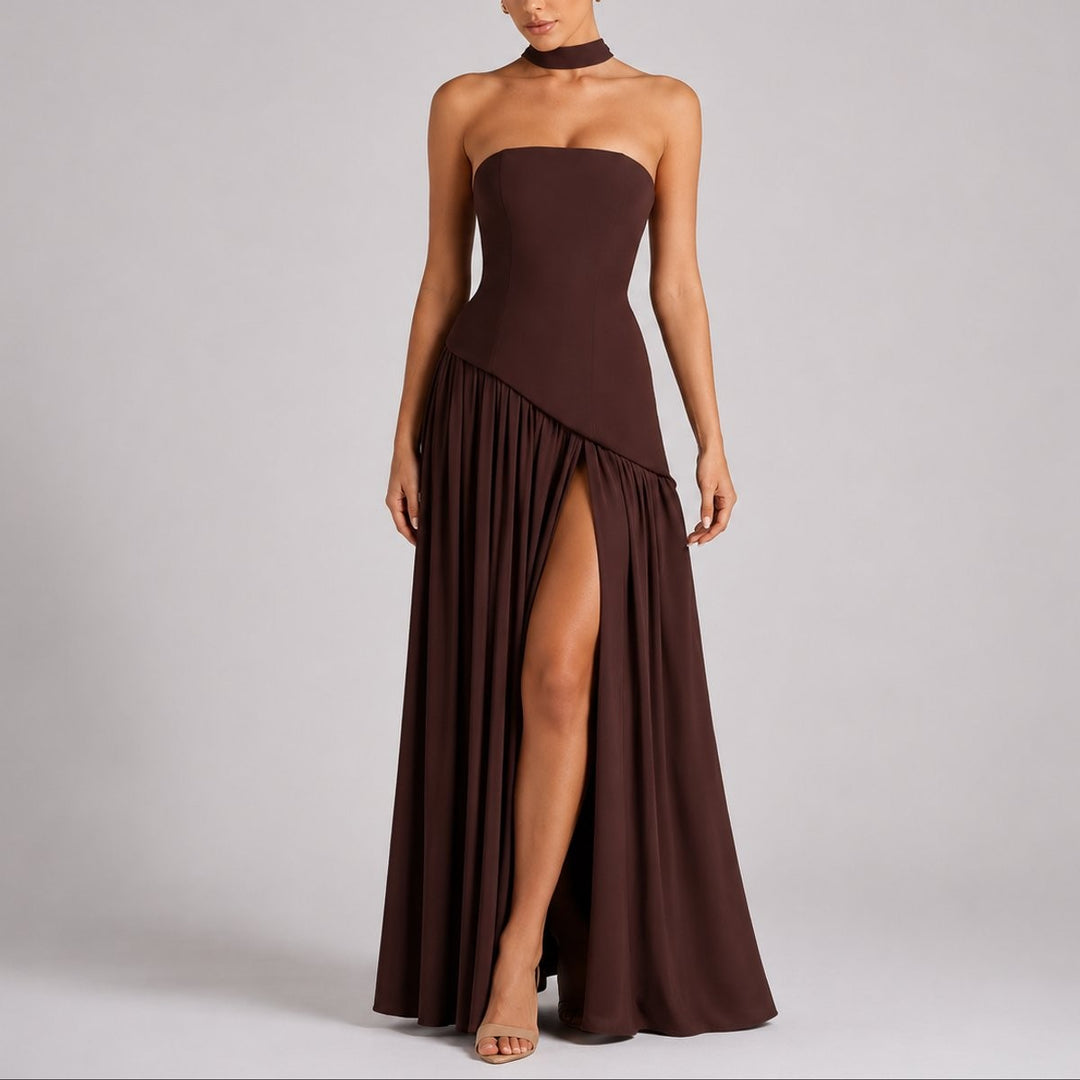 Chocolate brown strapless maxi dress with asymmetric skirt and thigh-high split