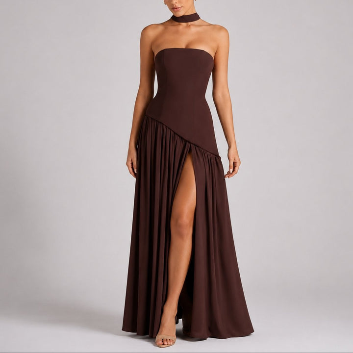Chocolate brown strapless maxi dress with asymmetric skirt and thigh-high split
