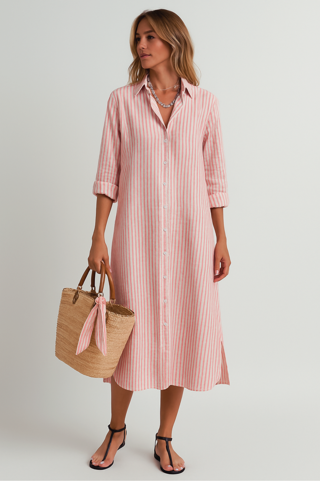 Pink and white striped midi shirt dress with rolled sleeves and straw tote
