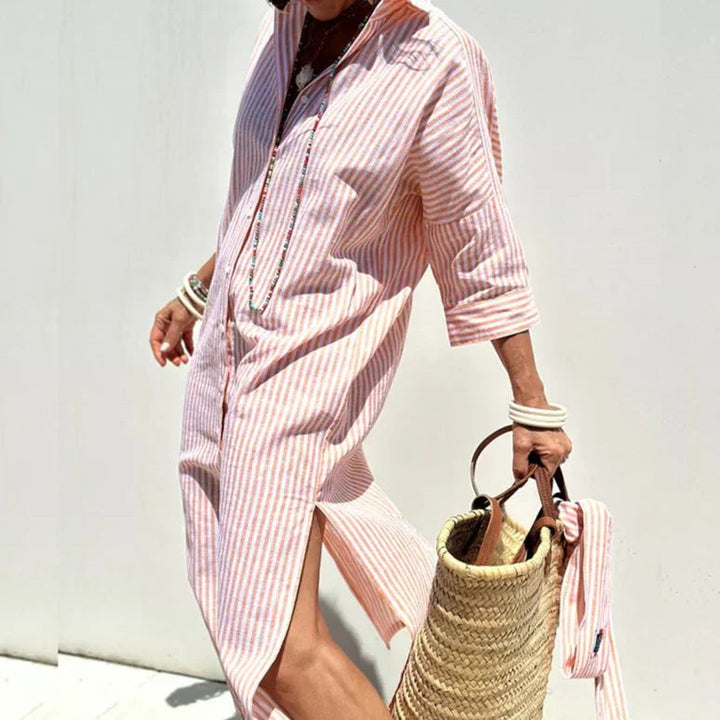 Coral striped linen-look maxi dress with button-through front and beaded necklace