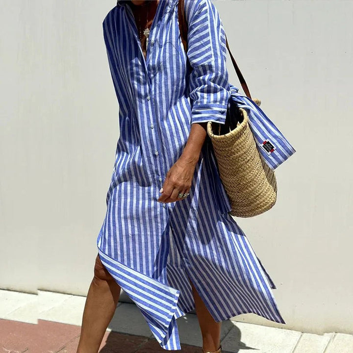Blue striped maxi shirt dress with button front paired with woven basket bag