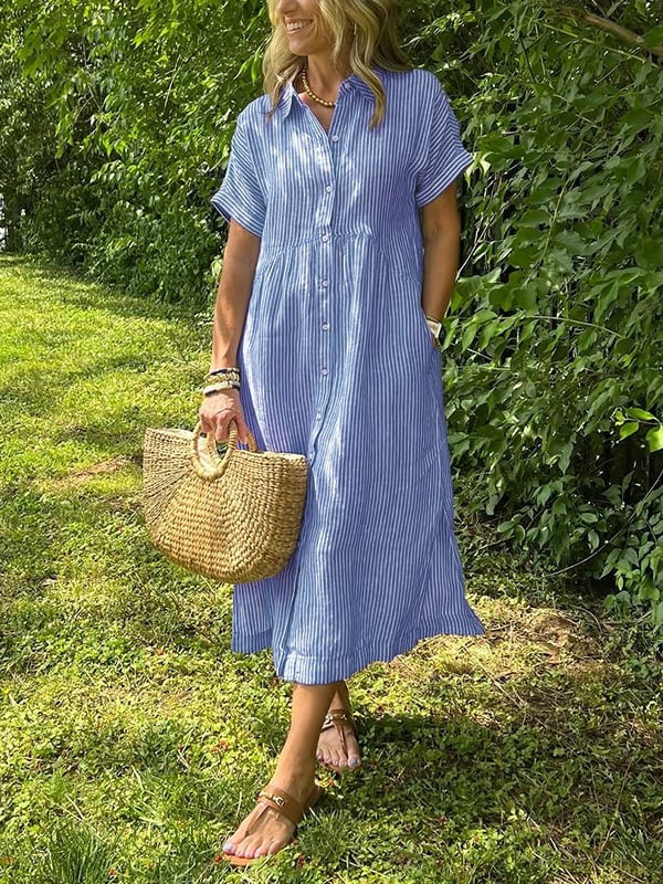 Blue striped linen midi shirt dress with short sleeves and button front