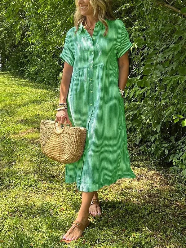 Green striped linen shirt dress styled with gathered waist and short sleeves