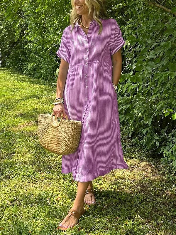Purple striped linen maxi dress with relaxed fit and rolled sleeves