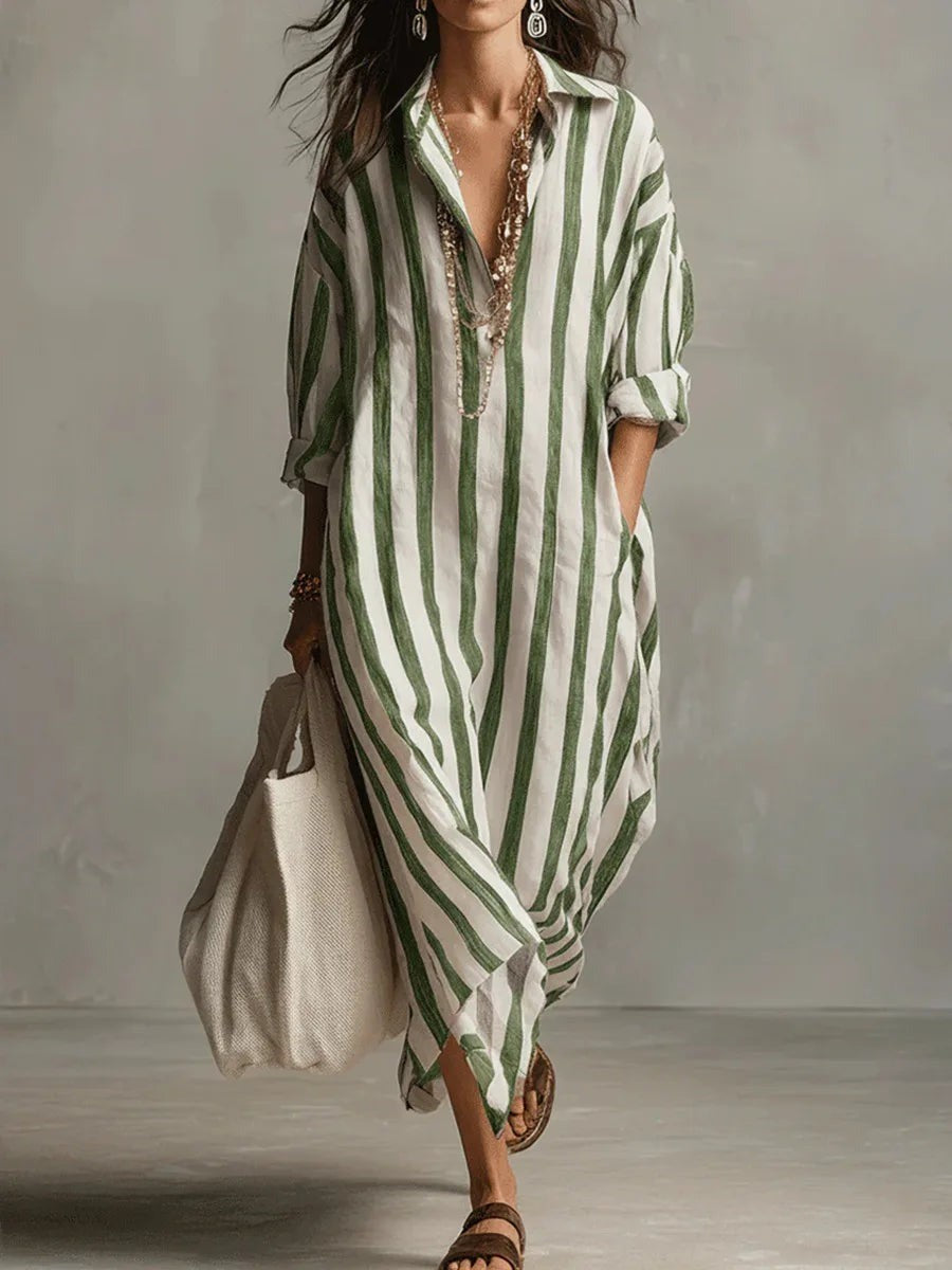 Green and white striped maxi shirt dress with oversized fit and collar