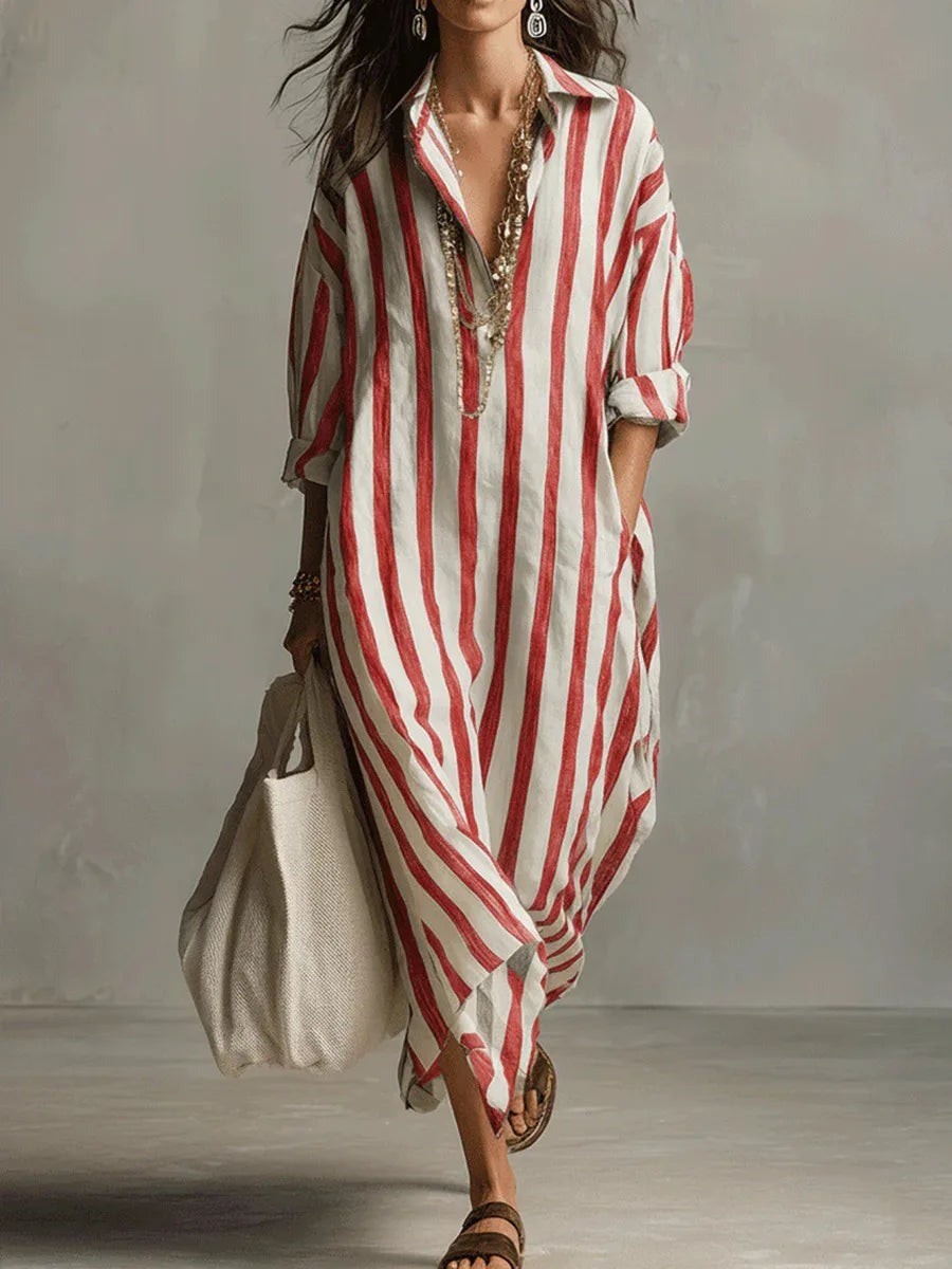 Red and white striped maxi shirt dress styled with woven tote bag