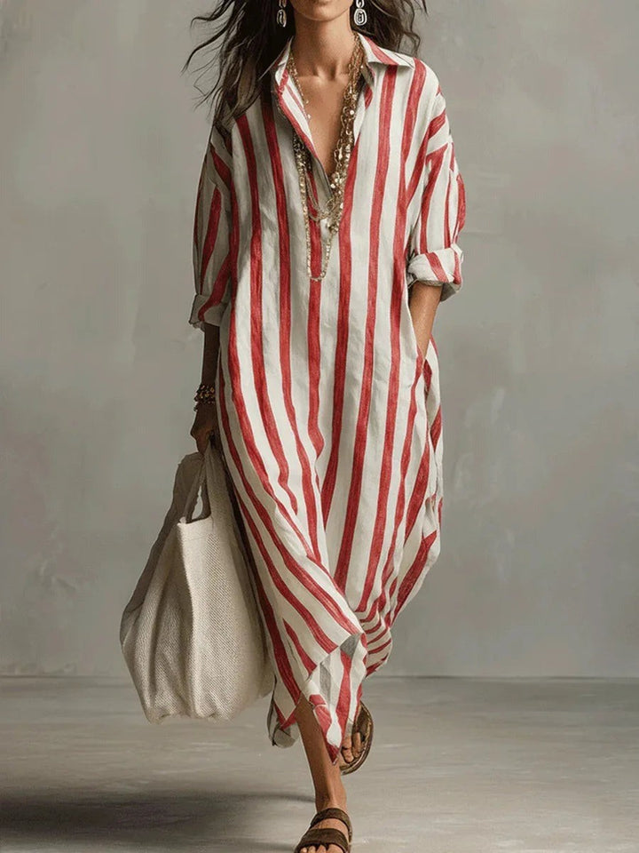Red and white striped maxi shirt dress styled with woven tote bag