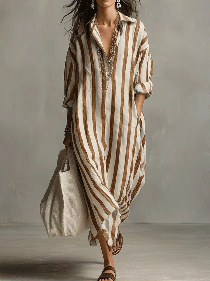 Brown and white striped maxi shirt dress with relaxed, oversized cut