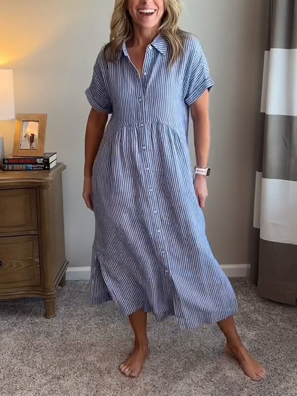 Blue striped midi shirt dress shown with cinched waist detail