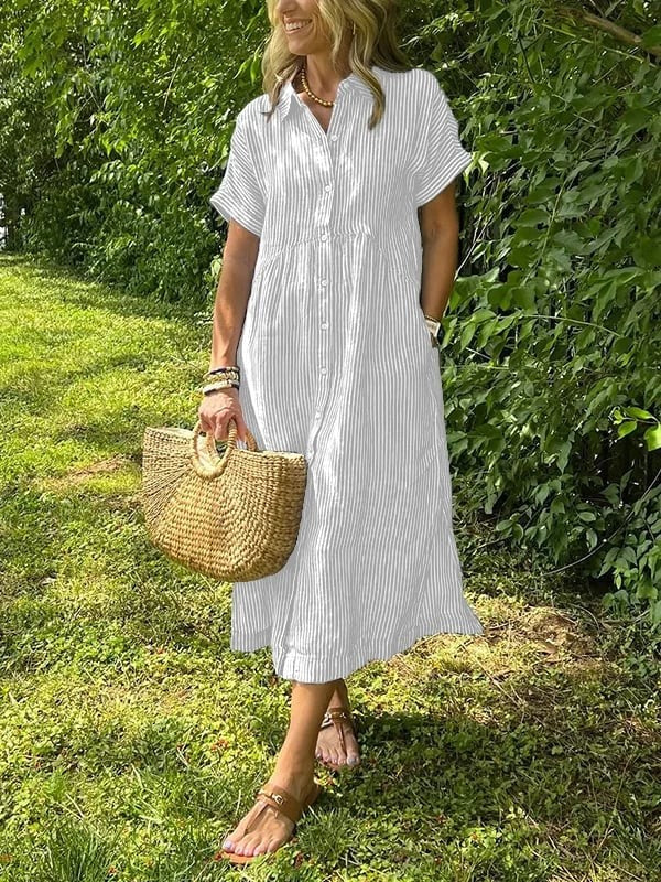 White striped midi dress featuring short sleeves and button-through front