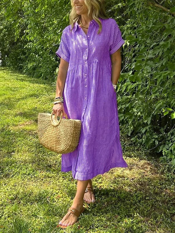 Purple striped midi dress featuring collar and button-down front